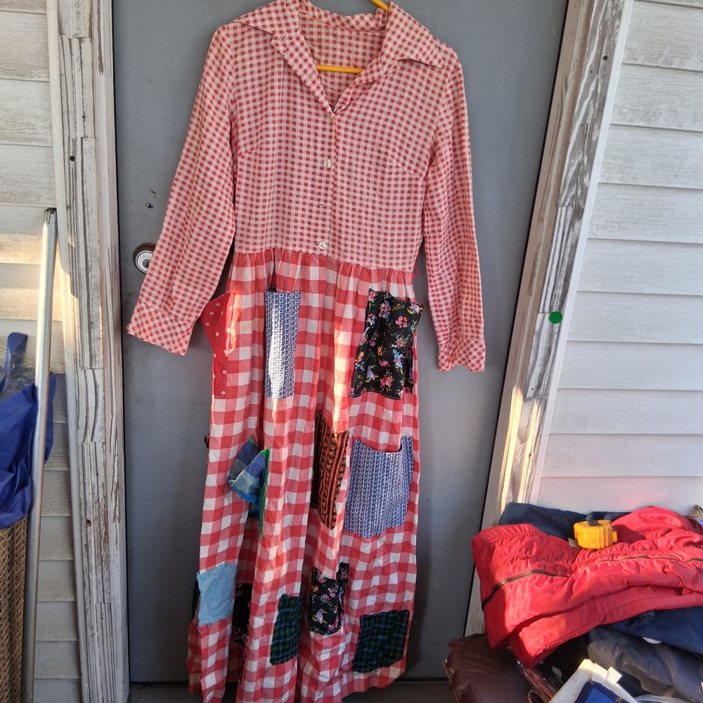 Vintage Handmade Gingham Patchwork Pocket Maxi Dress Hippie Boho Prairie M